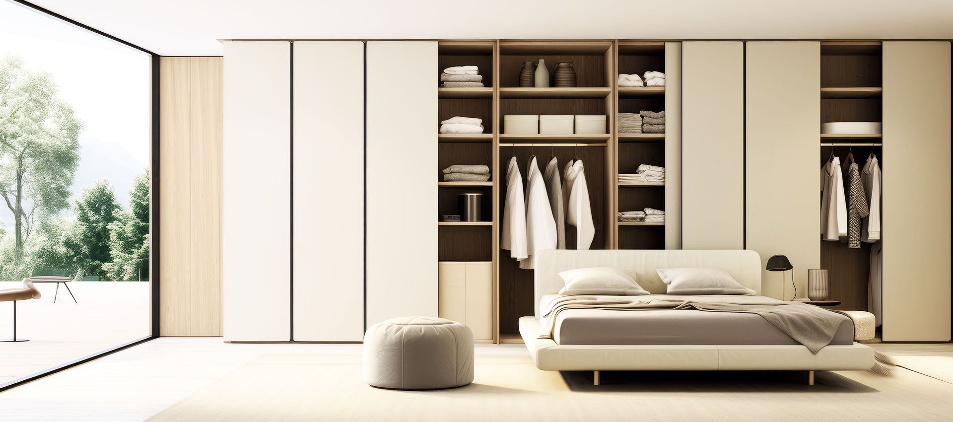 Contemporary 4-Door Swing Wardrobe Design with Overhead Storage and Cabinets