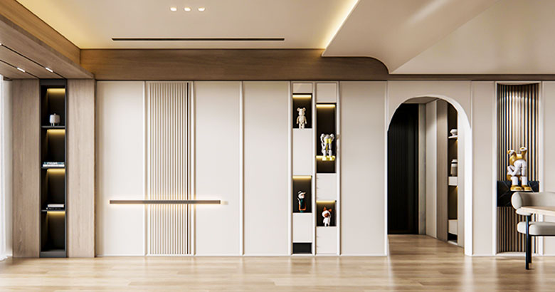 Contemporary 4-Door Swing Wardrobe Design with Overhead Storage and Cabinets