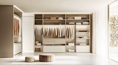 Contemporary 4-Door Swing Wardrobe Design with Overhead Storage and Cabinets