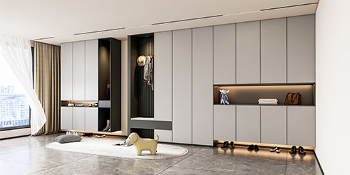Contemporary 4-Door Swing Wardrobe Design with Overhead Storage and Cabinets