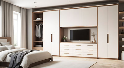 Contemporary 4-Door Swing Wardrobe Design with Overhead Storage and Cabinets
