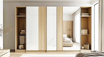 Contemporary 4-Door Taupe Sliding Wardrobe Design with Matte Finish