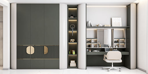 Modern Wardrobe Off White Cabinets with Seating Nook Storage and Open Shelves