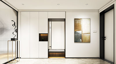 Modern Wardrobe Off White Cabinets with Seating Nook Storage and Open Shelves
