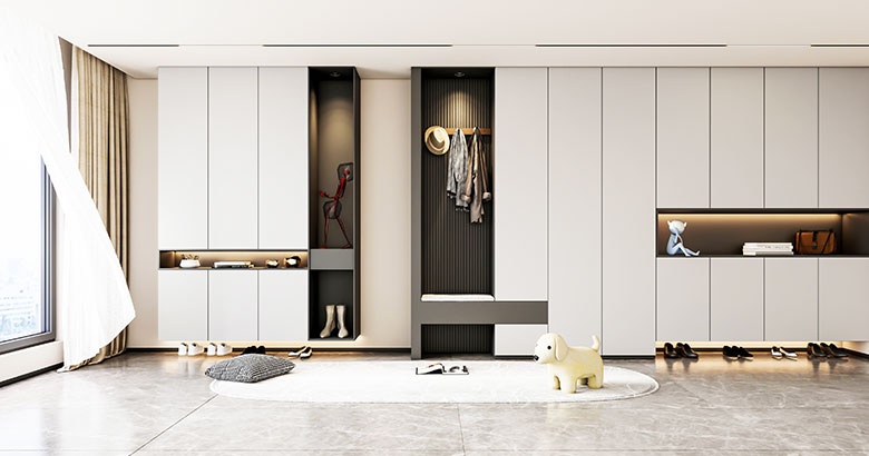 Modern Wardrobe Off White Cabinets with Seating Nook Storage and Open Shelves
