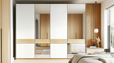 Modern Wardrobe Off White Cabinets with Seating Nook Storage and Open Shelves