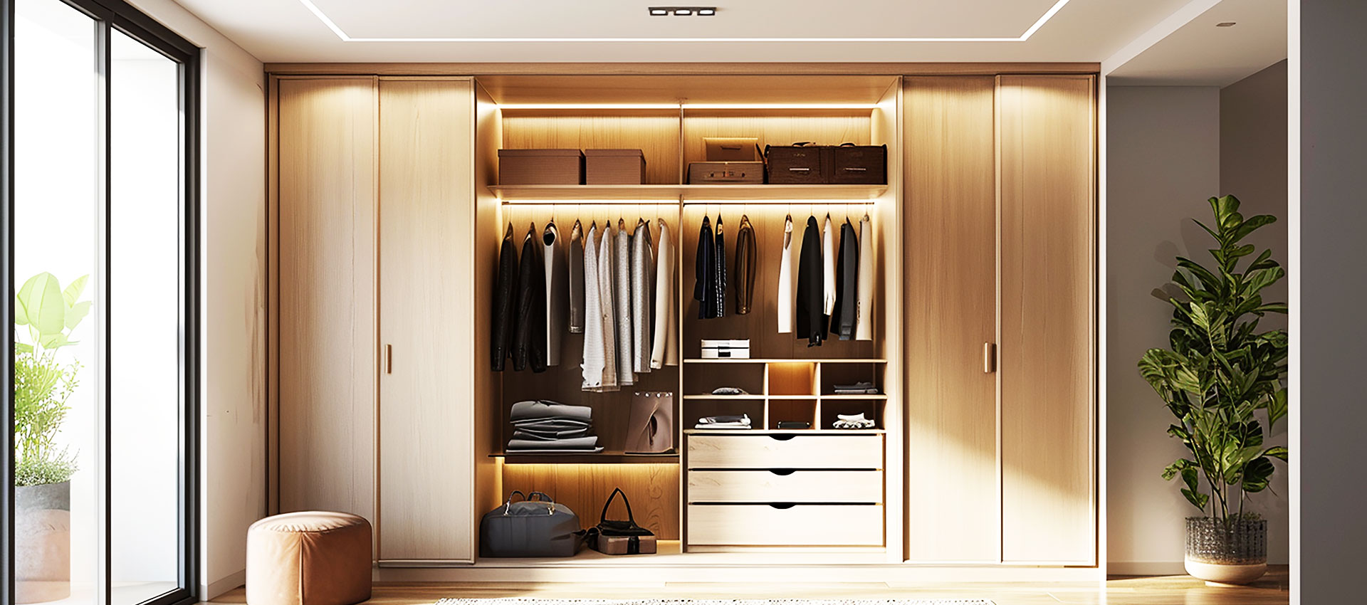 Modern Wardrobe Off White Cabinets with Seating Nook Storage and Open Shelves