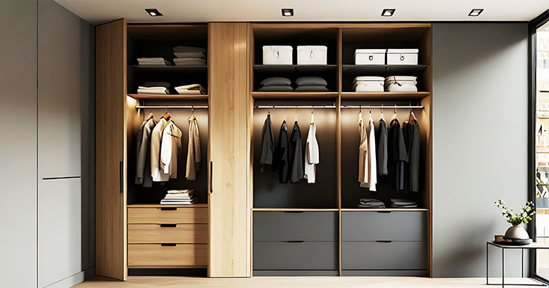 Modern 7-Door Swing Wardrobe with Handles and Overhead Cabinets