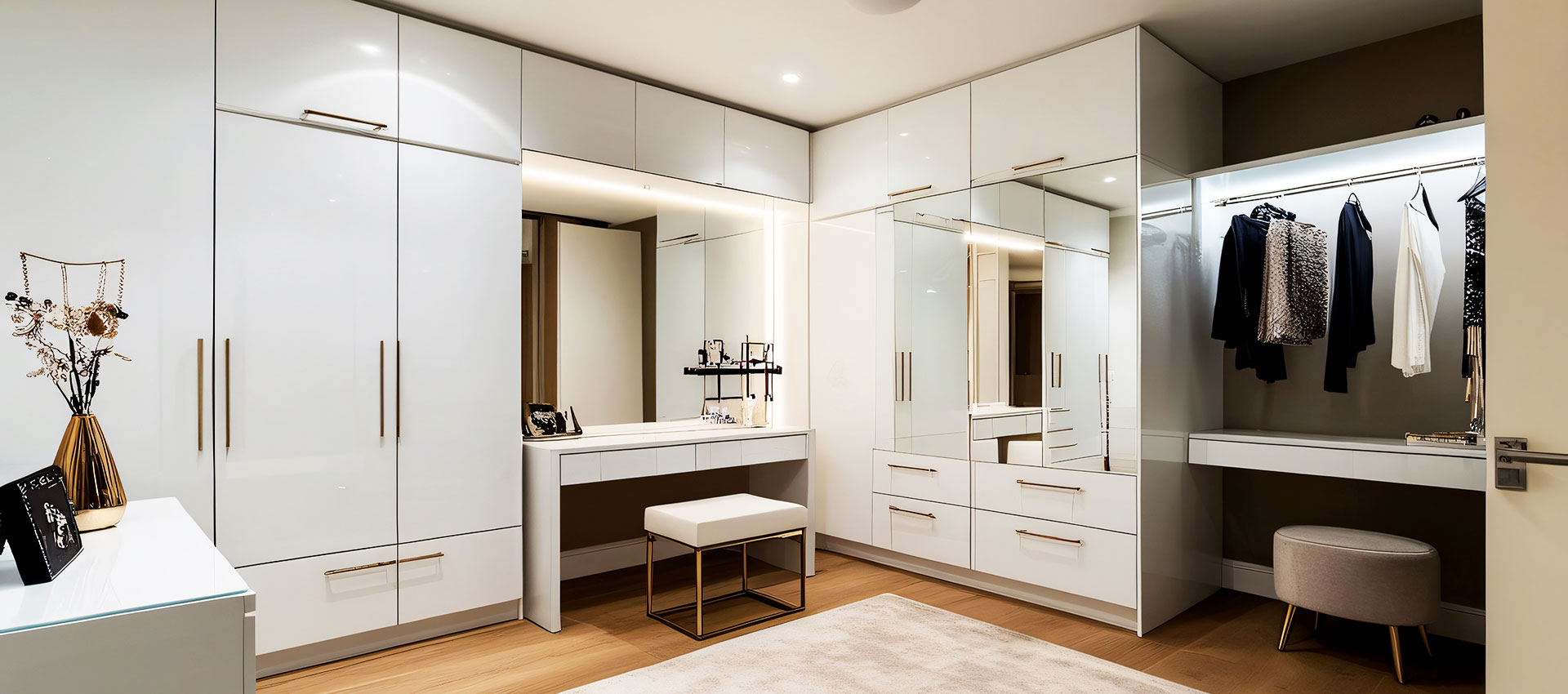 Modern 7-Door Swing Wardrobe with Handles and Overhead Cabinets