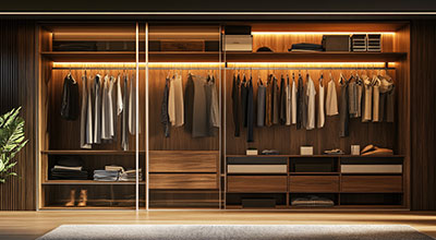 Modern Sliding Wooden Wardrobe with Open Shelves and Marble Laminate