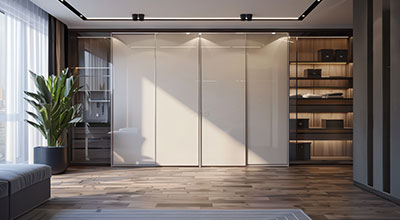 Modern Sliding Wooden Wardrobe with Open Shelves and Marble Laminate