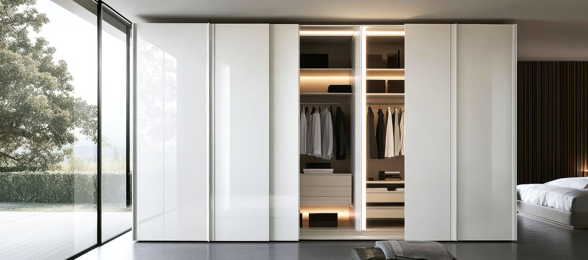 Modern Sliding Wooden Wardrobe with Open Shelves and Marble Laminate