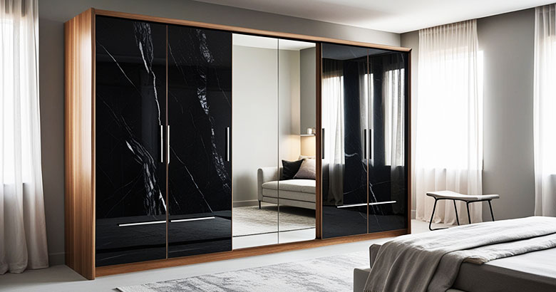 Modern Sliding Wooden Wardrobe with Open Shelves and Marble Laminate