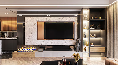 Modern TV Unit Design With Marble Backdrop and Side Open Shelves