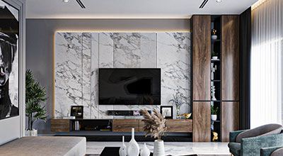Modern TV Unit Design With Marble Backdrop and Side Open Shelves