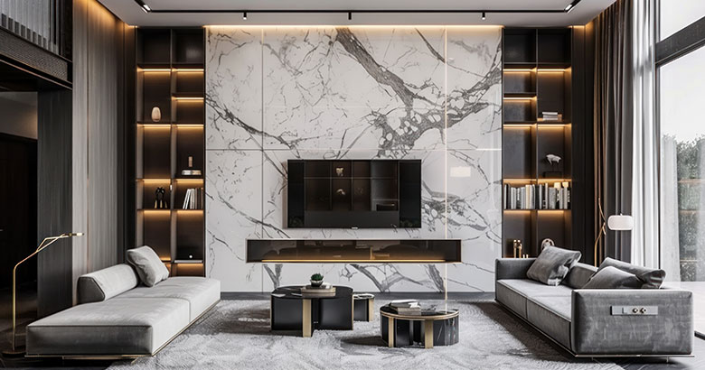 Modern TV Unit Design With Marble Backdrop and Side Open Shelves