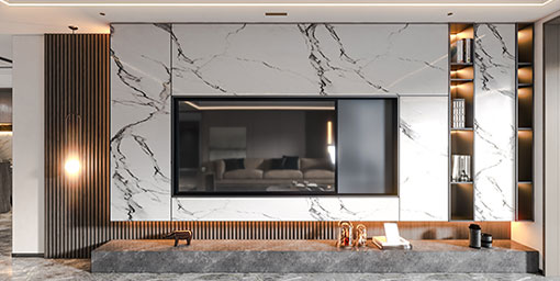 Modern TV Unit Design With Marble Backdrop and Side Open Shelves
