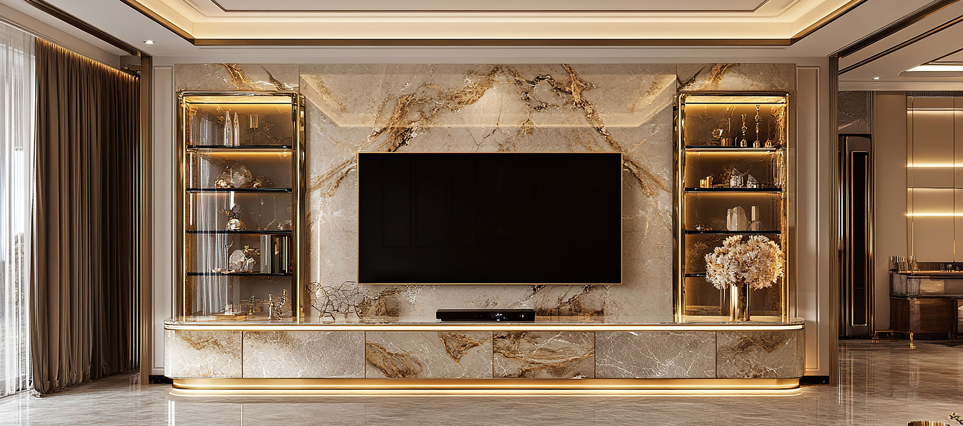Modern TV Unit Design With Marble Backdrop and Side Open Shelves