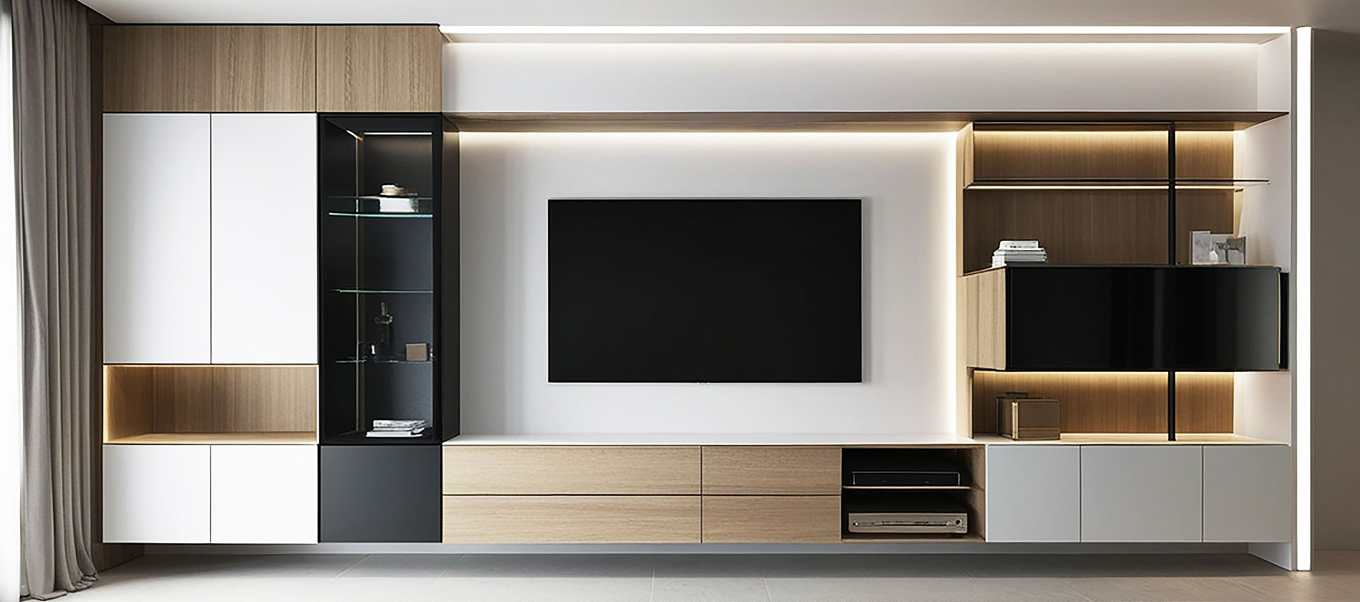 Contemporary TV Unit Design with Floating Console and Hidden Cable Storage
