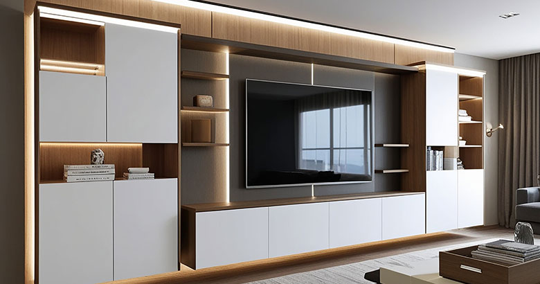 Contemporary TV Unit Design with Floating Console and Hidden Cable Storage