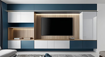 Contemporary TV Unit Design with Floating Console and Hidden Cable Storage