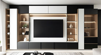 Contemporary TV Unit Design with Floating Console and Hidden Cable Storage