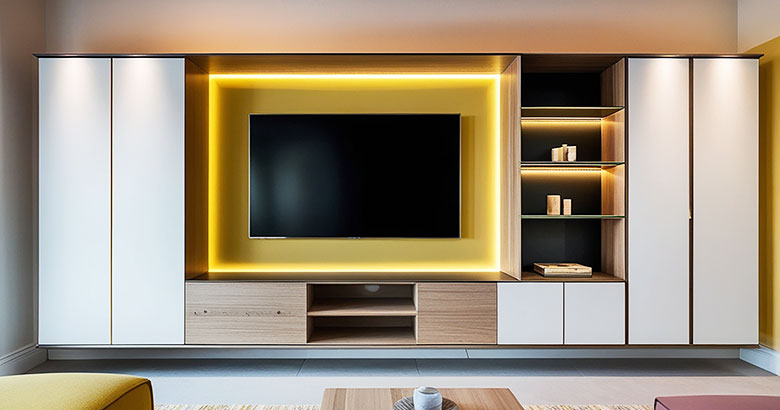 Contemporary TV Unit Design White and Wood Console with Open Storage