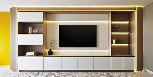 Contemporary TV Unit Design White and Wood Console with Open Storage