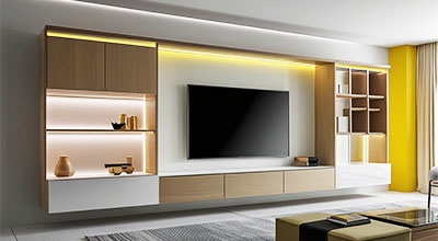 Contemporary TV Unit Design White and Wood Console with Open Storage