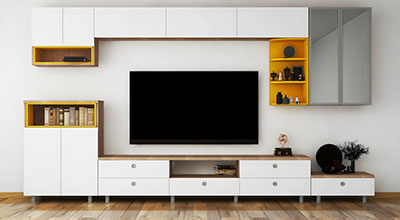 Contemporary TV Unit Design White and Wood Console with Open Storage