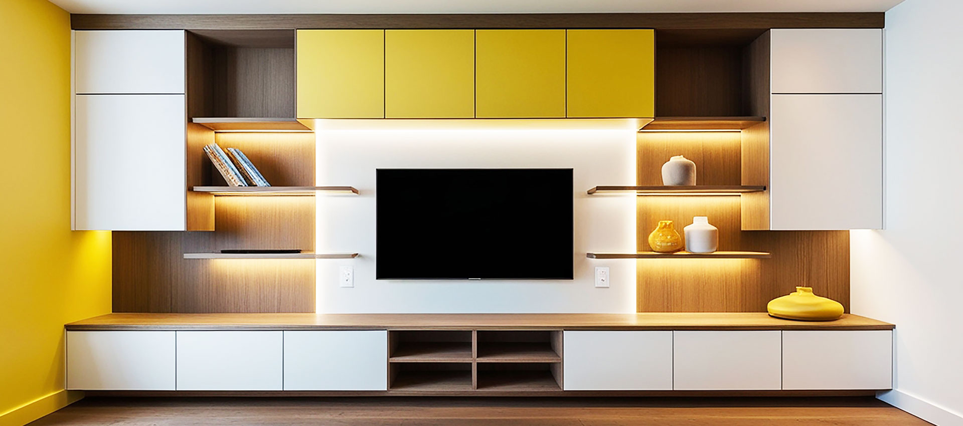 Contemporary TV Unit Design White and Wood Console with Open Storage