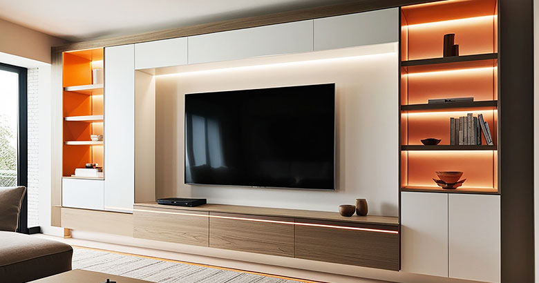 Modern Dark Wood and White Wall-Mounted TV Unit Design with Dark Brown Accent Wall