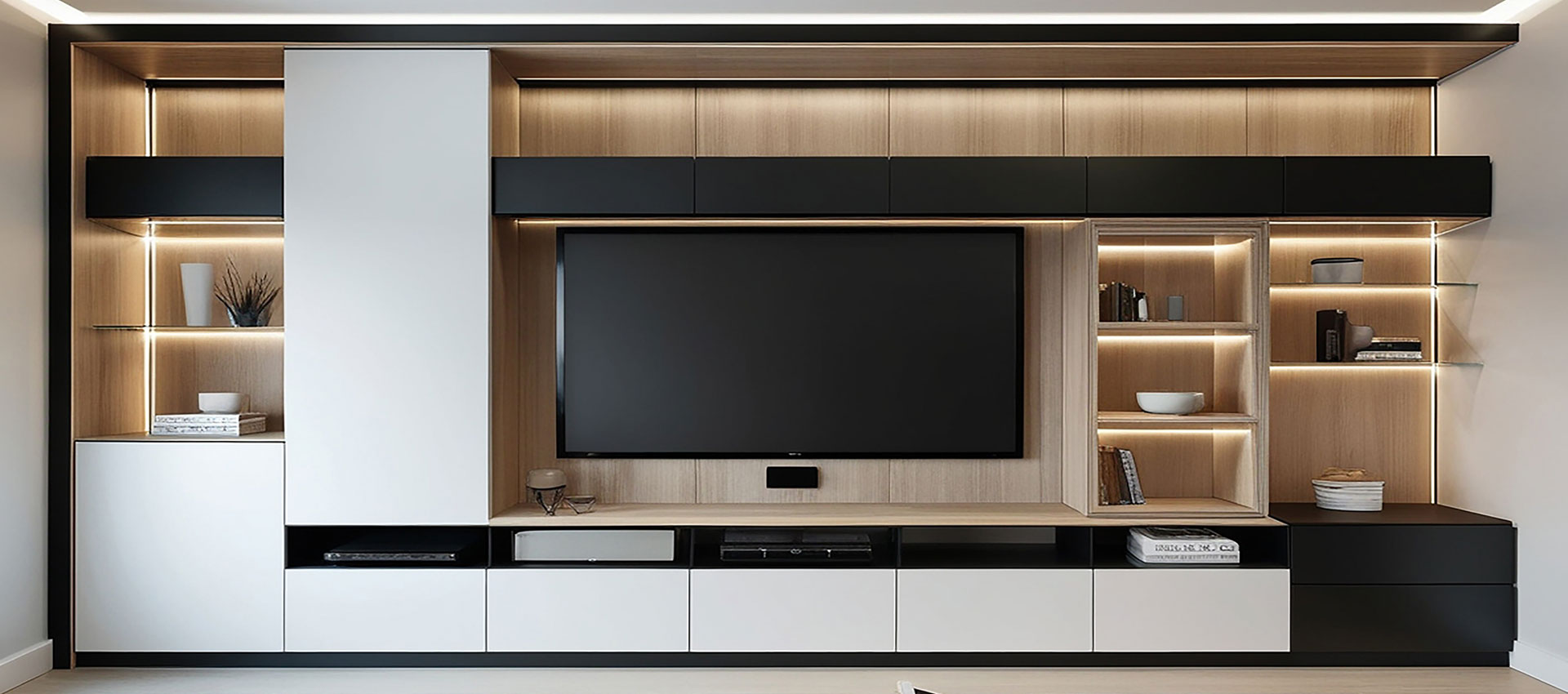 Modern Dark Wood and White Wall-Mounted TV Unit Design with Dark Brown Accent Wall