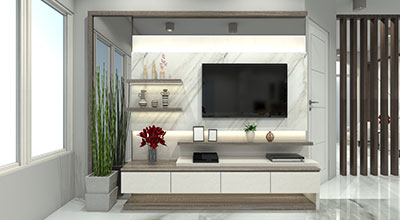 Modern Dark Wood and White Wall-Mounted TV Unit Design with Dark Brown Accent Wall