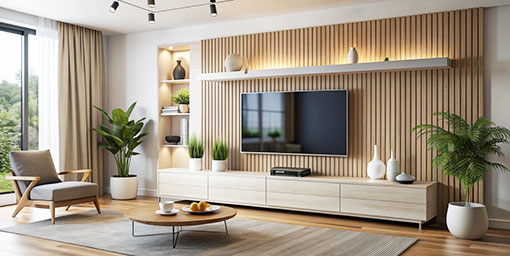 Modern Dark Wood and White Wall-Mounted TV Unit Design with Dark Brown Accent Wall
