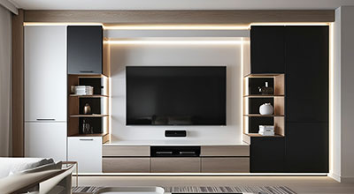 Modern Dark Wood and White Wall-Mounted TV Unit Design with Dark Brown Accent Wall