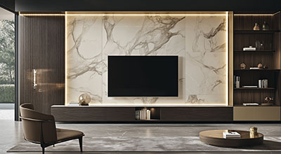 Modern TV Unit Design with Marble Back Panel and Wooden Drawers