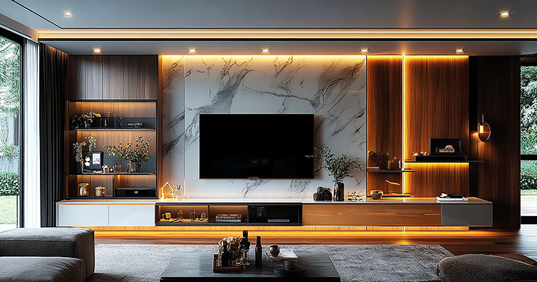 Modern TV Unit Design with Marble Back Panel and Wooden Drawers