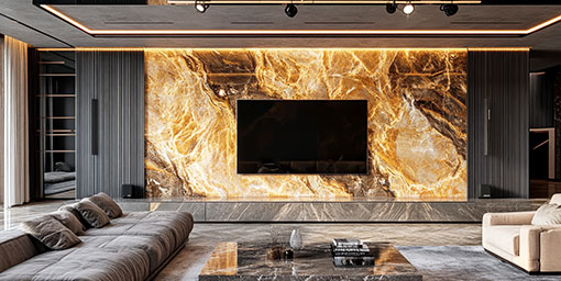 Modern TV Unit Design with Marble Back Panel and Wooden Drawers