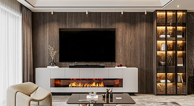 Modern TV Unit Design with Marble Back Panel and Wooden Drawers