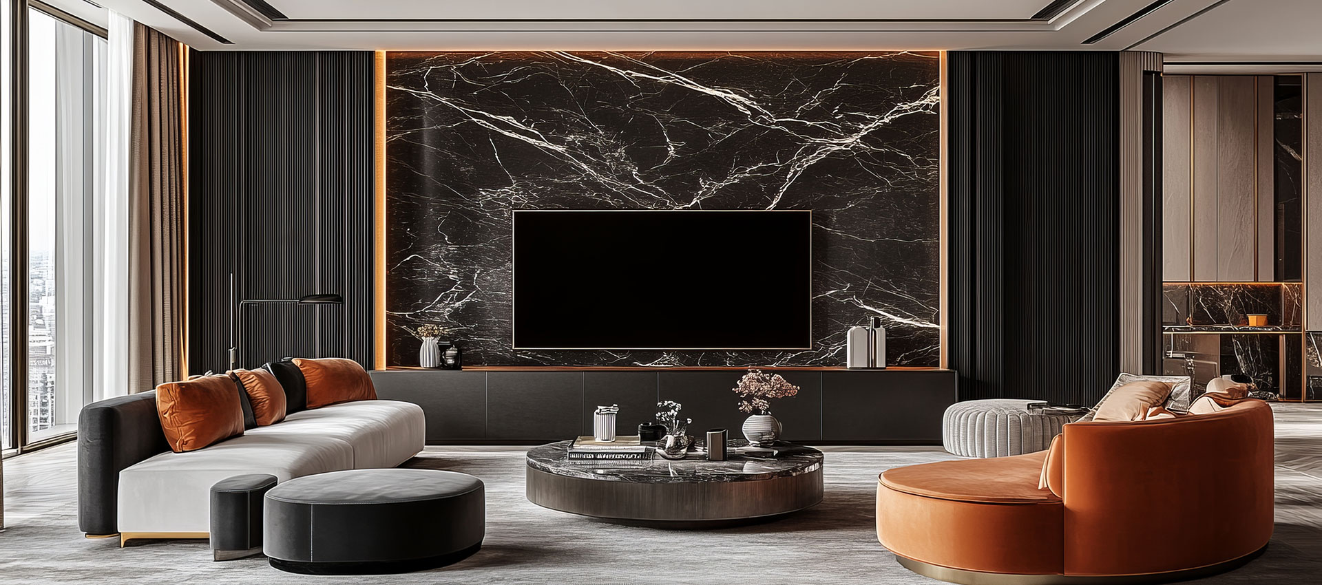 Modern TV Unit Design with Marble Back Panel and Wooden Drawers