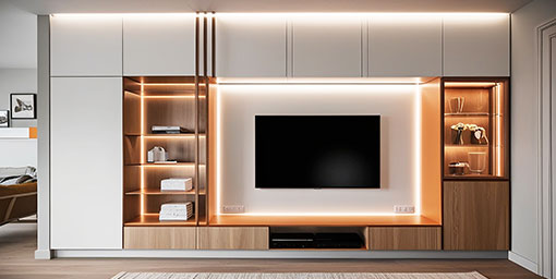 Modern Frosty White TV Unit Design with Red Back Panel and Side Storage