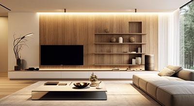 Modern Frosty White TV Unit Design with Red Back Panel and Side Storage
