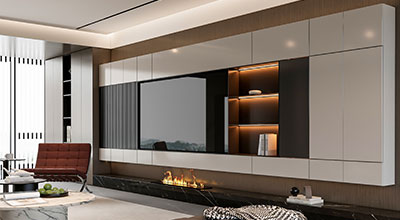 Modern Frosty White TV Unit Design with Red Back Panel and Side Storage