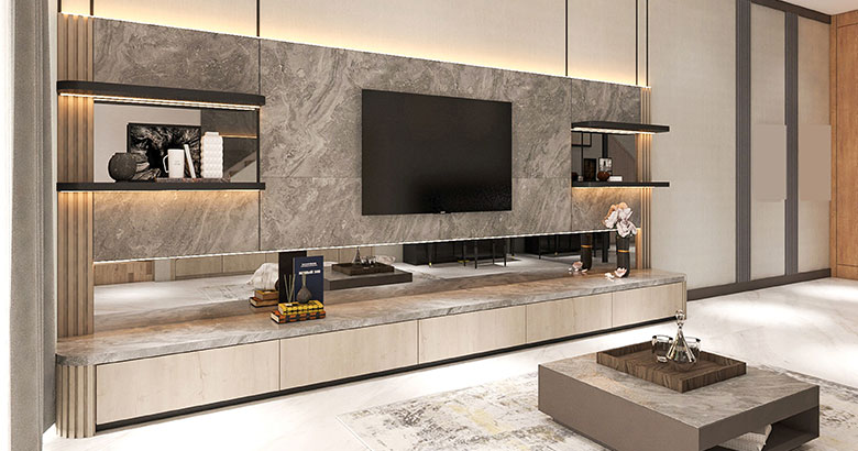 Modern Frosty White TV Unit Design with Red Back Panel and Side Storage