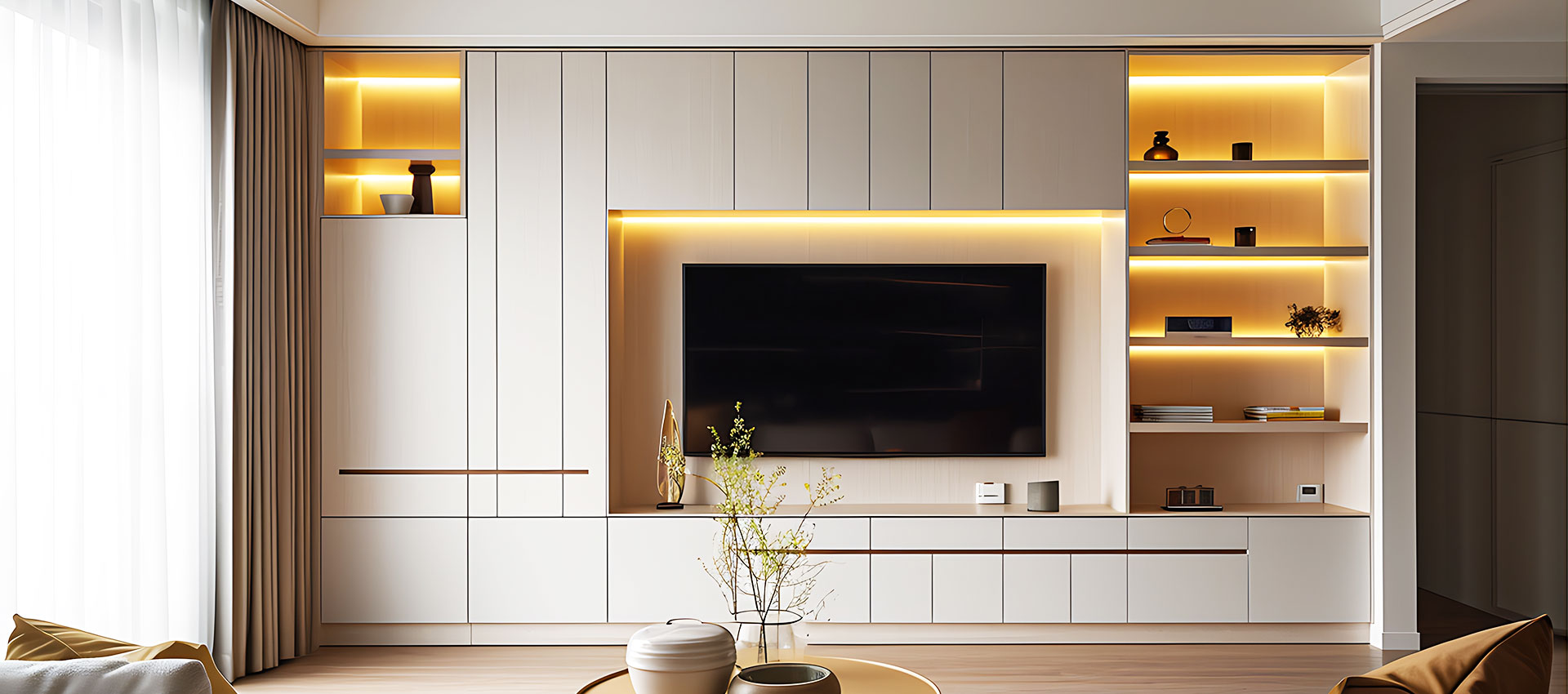 Modern Frosty White TV Unit Design with Red Back Panel and Side Storage