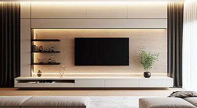 Contemporary Persian Walnut TV Unit Design with Open Shelving