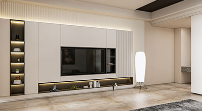 Contemporary Persian Walnut TV Unit Design with Open Shelving