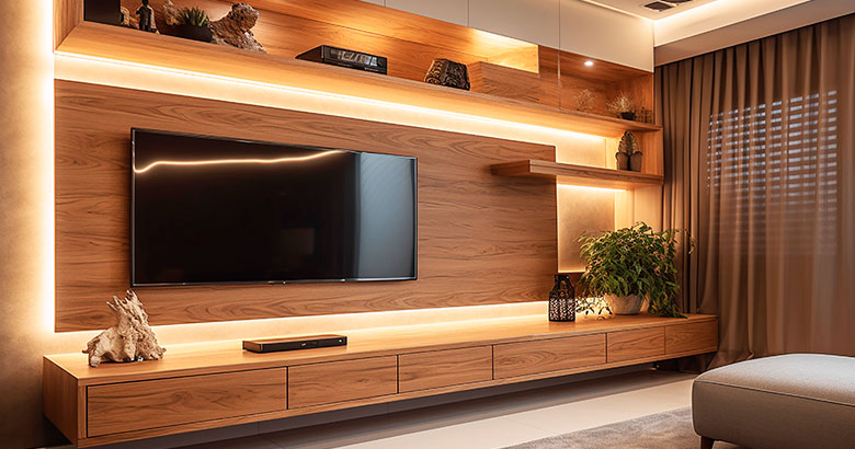 Contemporary Persian Walnut TV Unit Design with Open Shelving