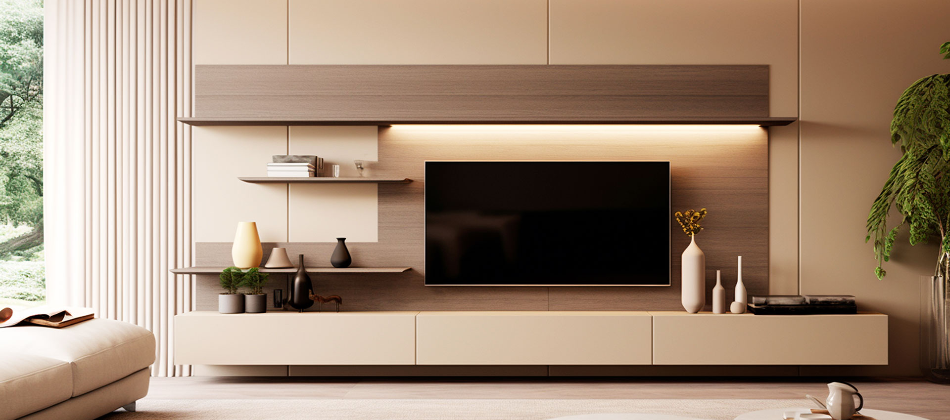 Contemporary Persian Walnut TV Unit Design with Open Shelving